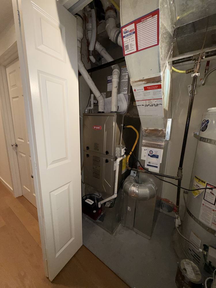 New Bryant gas furnace installed in a Bellevue utility closet